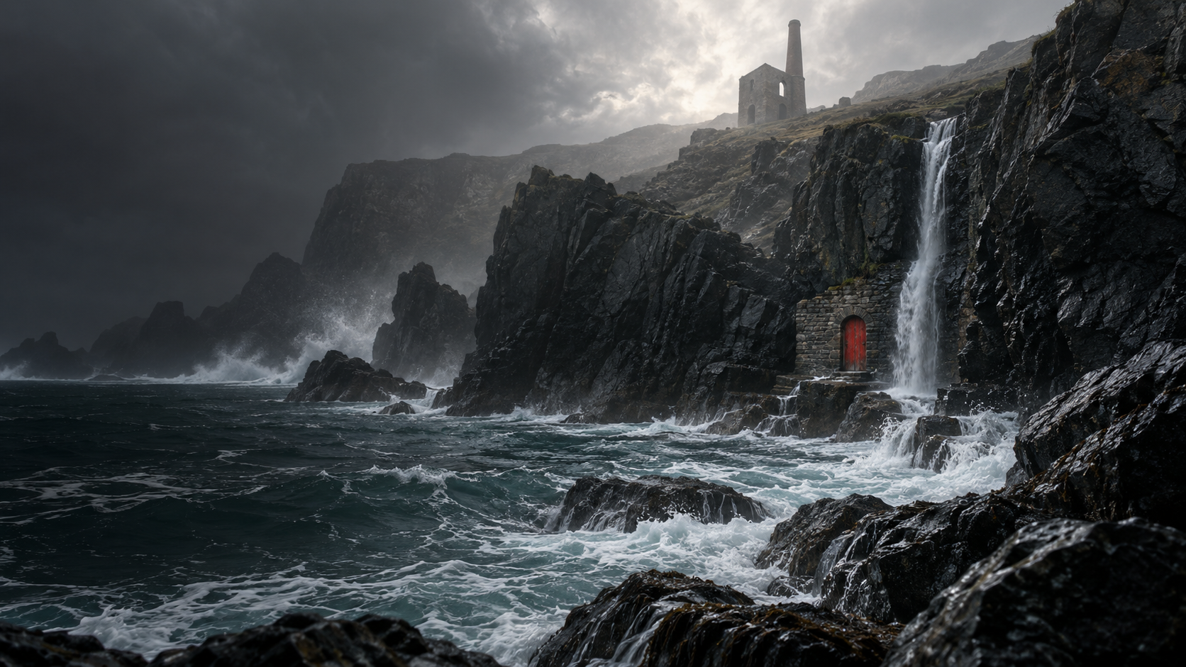 A wild Cornish cove: black cliffs, an abandoned engine house and a tiny red door beside the Atlantic.
