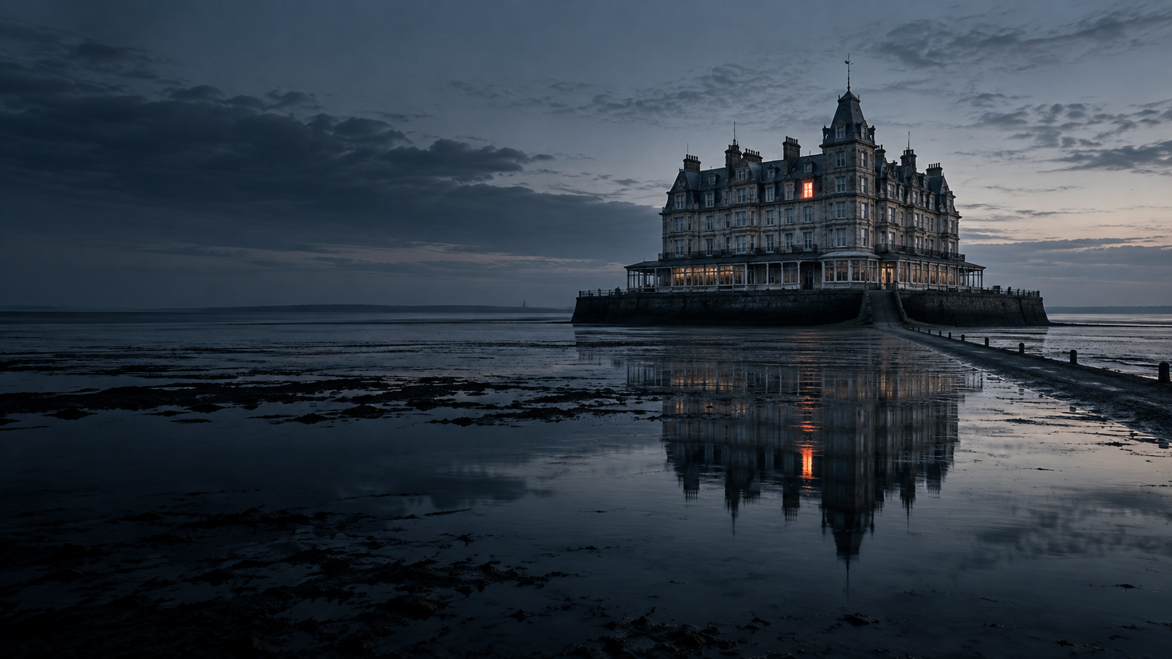 An isolated Victorian hotel reflected in vast dark tidal flats, with a single red-lit window.