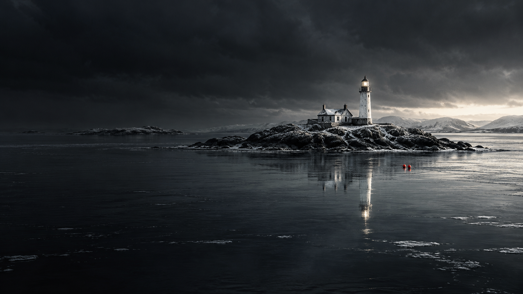 A lonely lighthouse on a winter island, reflected in cold water beside two small red buoys.